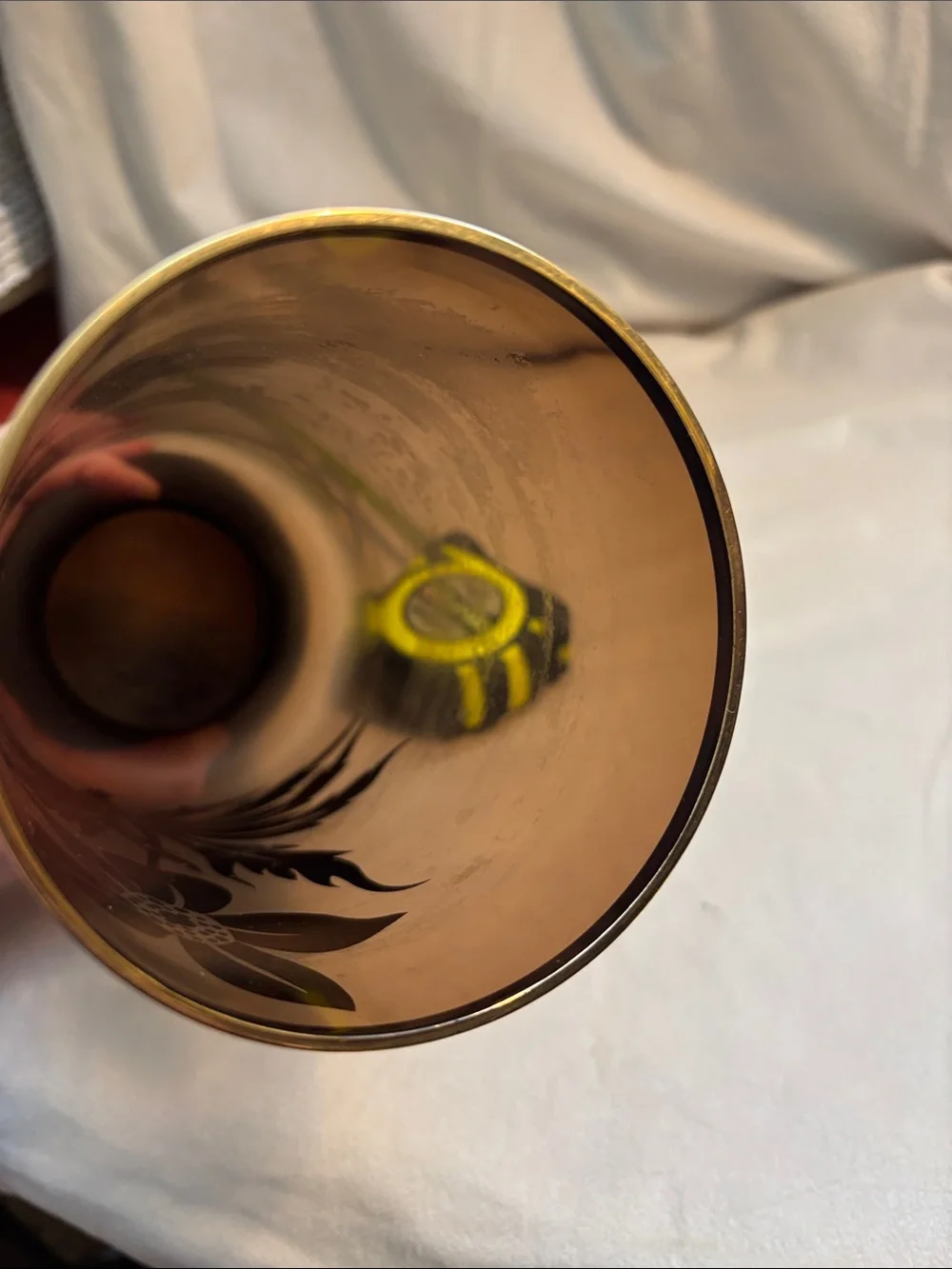 MCM Vase with Gold Floral Detail likely Czech Beautiful Smoky Glass Unique Shape